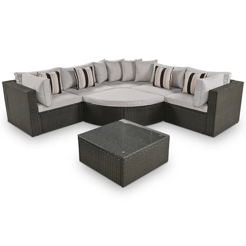 Ensemble de mobilier de jardin 7 pièces, salon de jardin en osier tressé, canapé-lit en rotin avec table basse, pouf et coussins colorés
