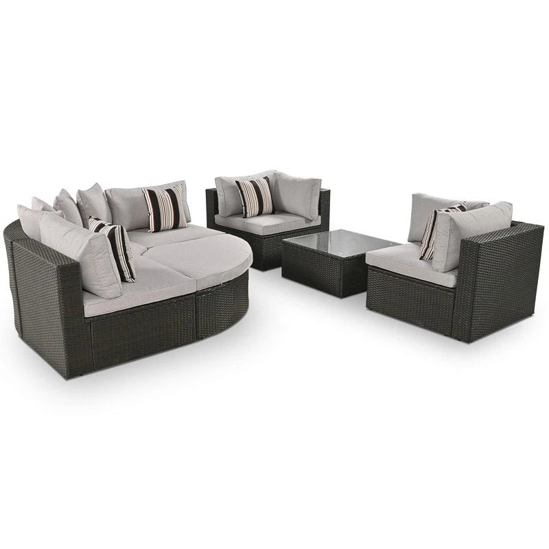 Ensemble de mobilier de jardin 7 pièces, salon de jardin en osier tressé, canapé-lit en rotin avec table basse, pouf et coussins colorés