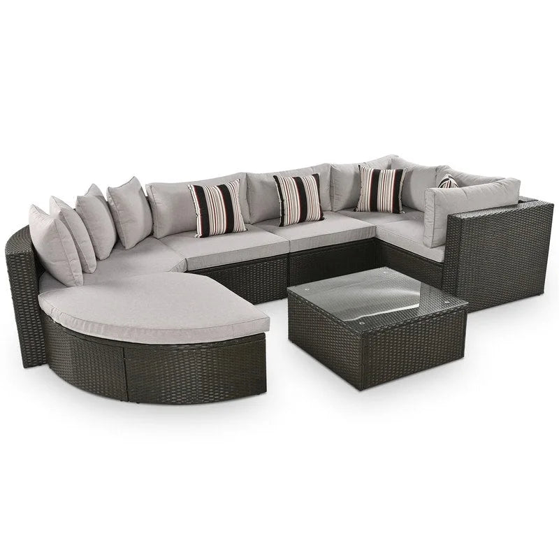 Ensemble de mobilier de jardin 7 pièces, salon de jardin en osier tressé, canapé-lit en rotin avec table basse, pouf et coussins colorés