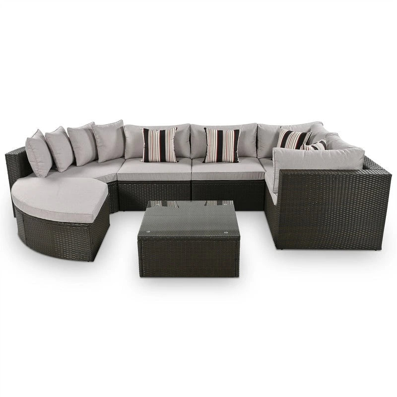 Ensemble de mobilier de jardin 7 pièces, salon de jardin en osier tressé, canapé-lit en rotin avec table basse, pouf et coussins colorés