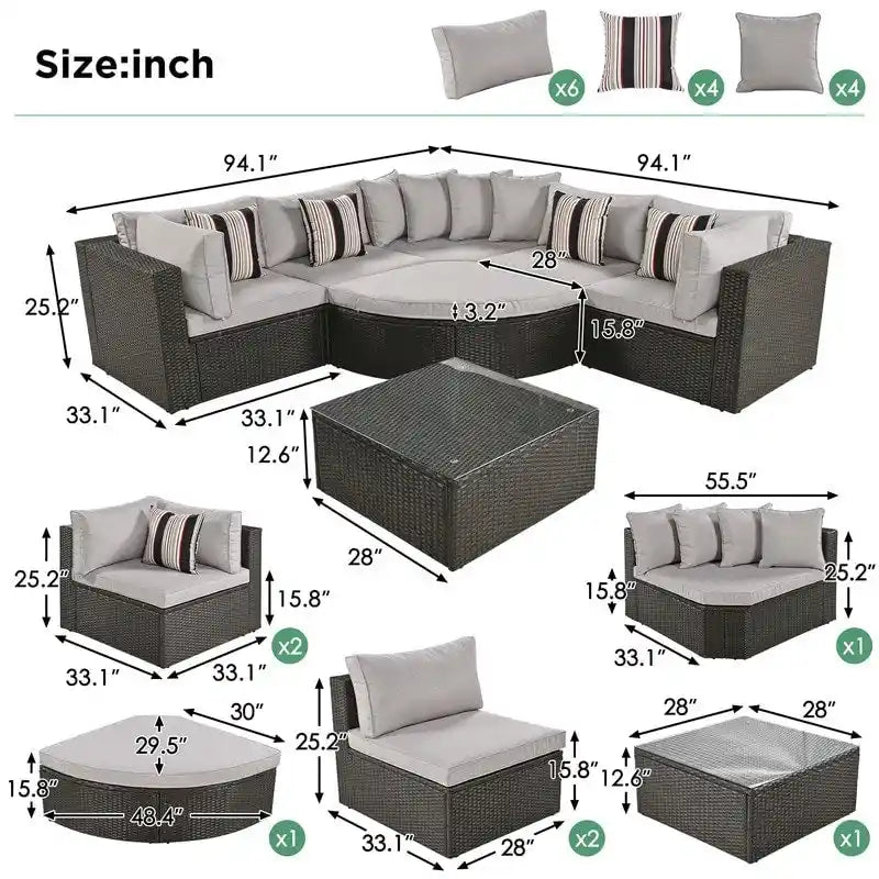 Ensemble de mobilier de jardin 7 pièces, salon de jardin en osier tressé, canapé-lit en rotin avec table basse, pouf et coussins colorés