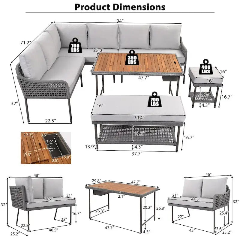 Ensemble de 6 pièces d'extérieur en osier avec table en bois, glacière et coussins