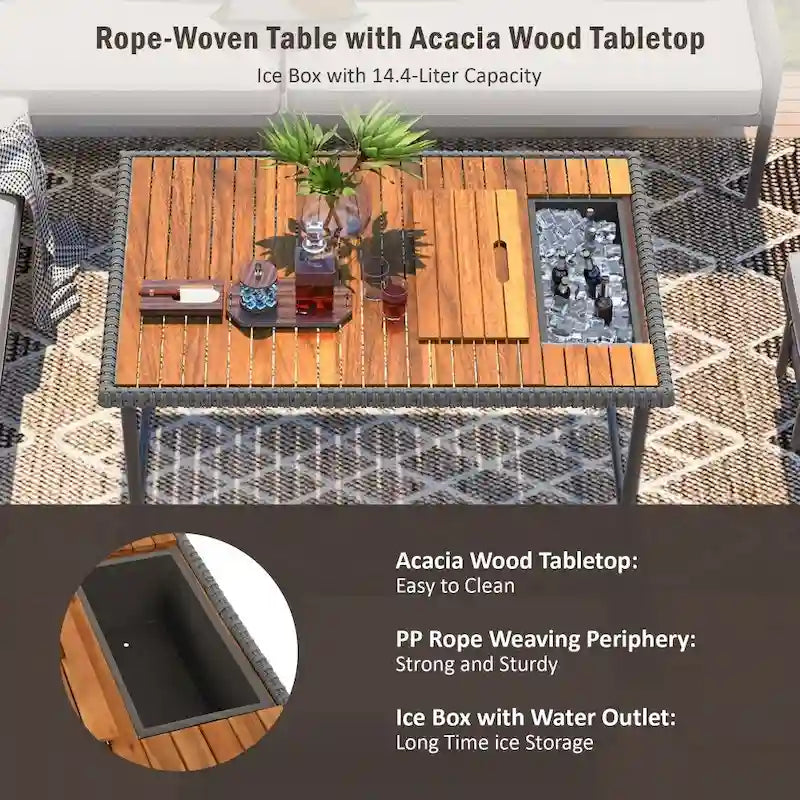 Ensemble de 6 pièces d'extérieur en osier avec table en bois, glacière et coussins