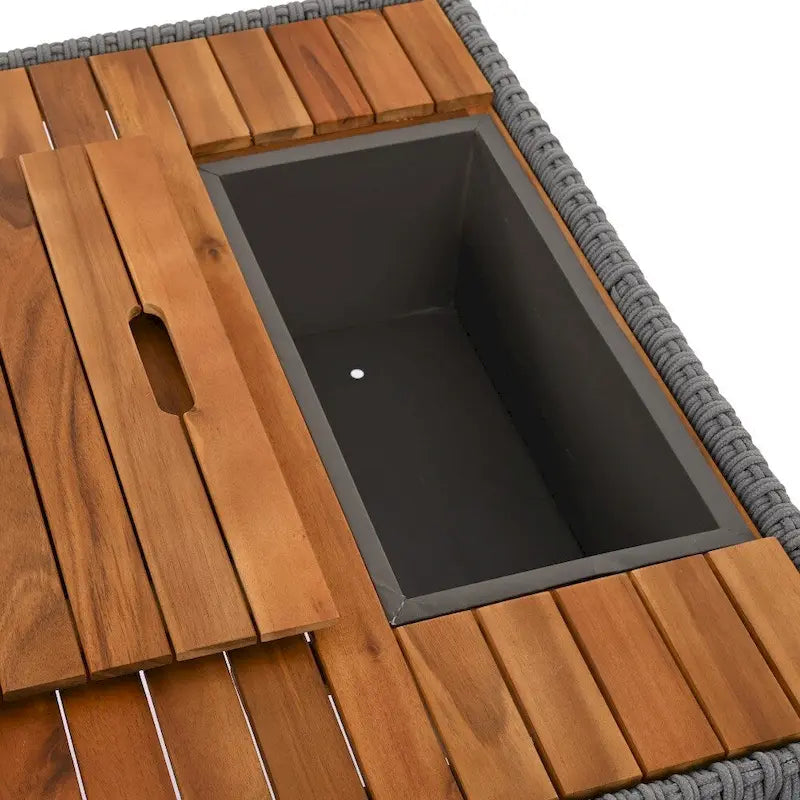 Ensemble de 6 pièces d'extérieur en osier avec table en bois, glacière et coussins