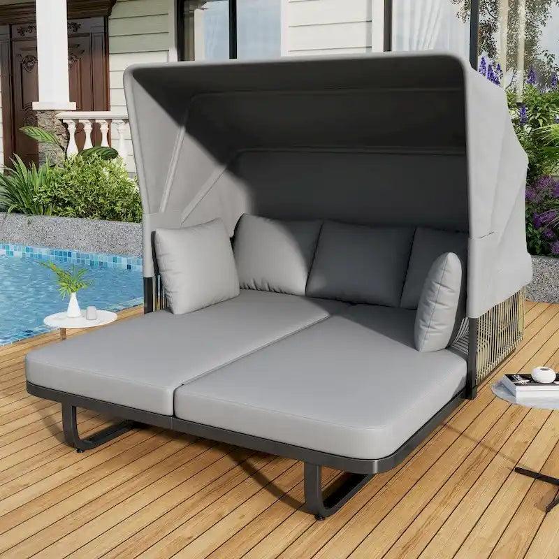 Bain de soleil en rotin d'extérieur 57 avec auvent et coussin