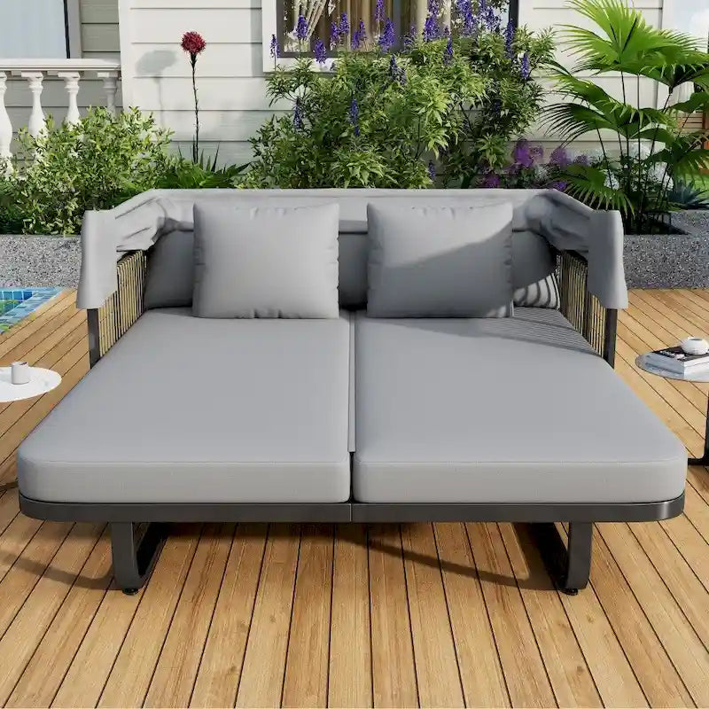 Bain de soleil en rotin d'extérieur 57 avec auvent et coussin