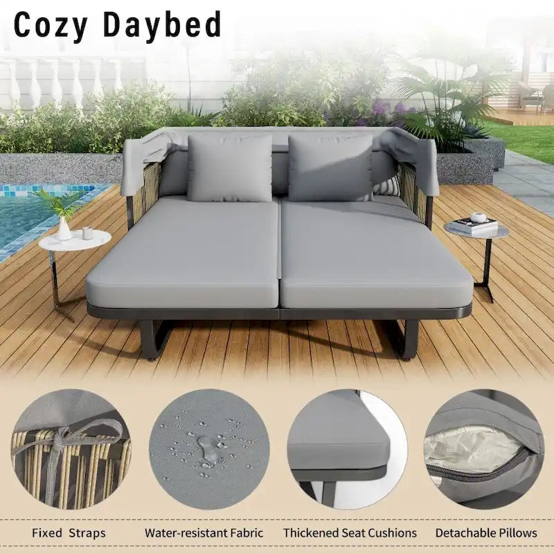 Bain de soleil en rotin d'extérieur 57 avec auvent et coussin