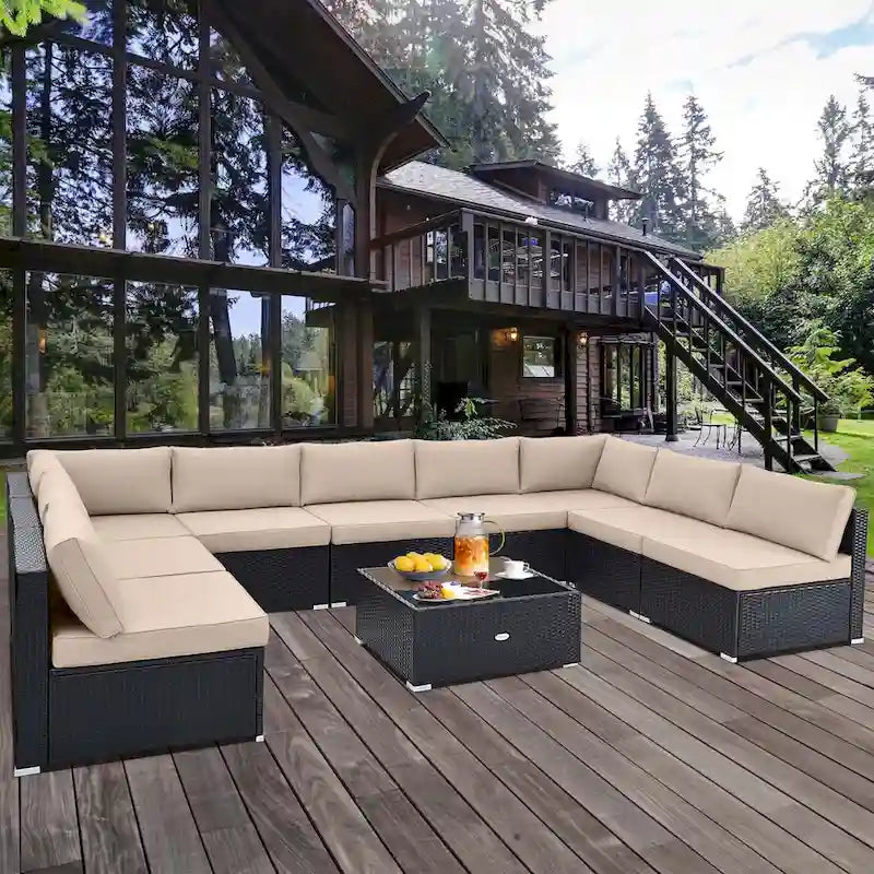 Costway Ensemble de Meubles de Patio en Rotin 10 Pièces Canapé et Table d'Extérieur en Osier - Voir Détails