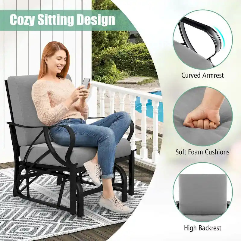 Chaise à bascule de patio Costway avec coussin, cadre en métal robuste, mouvement doux - Voir détails