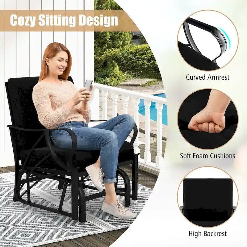 Chaise à bascule de patio Costway avec coussin, cadre en métal robuste, mouvement doux - Voir détails