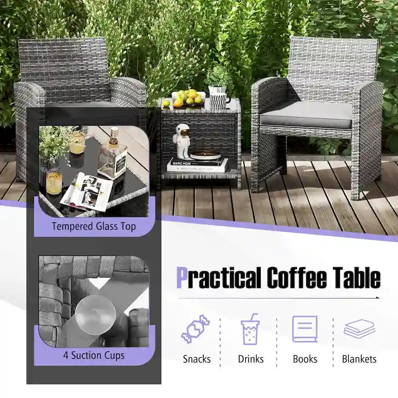 Ensemble de mobilier de patio Costway 3 pièces avec table basse en verre trempé et - Voir détails
