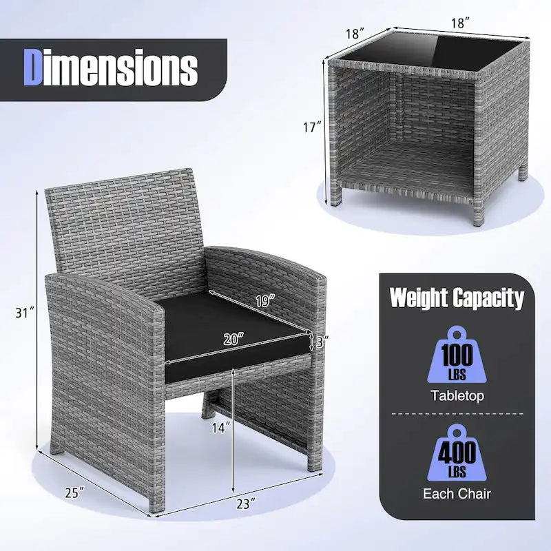 Ensemble de mobilier de patio Costway 3 pièces avec table basse en verre trempé et - Voir détails