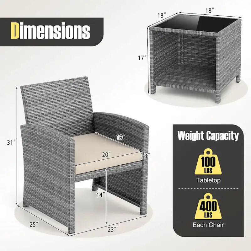 Ensemble de mobilier de patio Costway 3 pièces avec table basse en verre trempé et - Voir détails