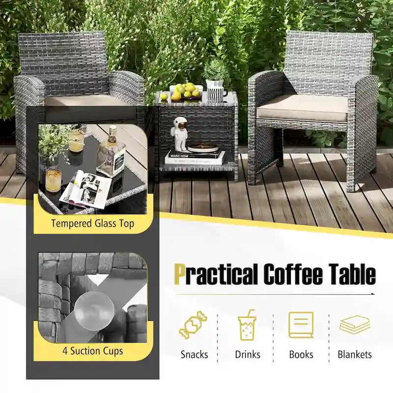 Ensemble de mobilier de patio Costway 3 pièces avec table basse en verre trempé et - Voir détails