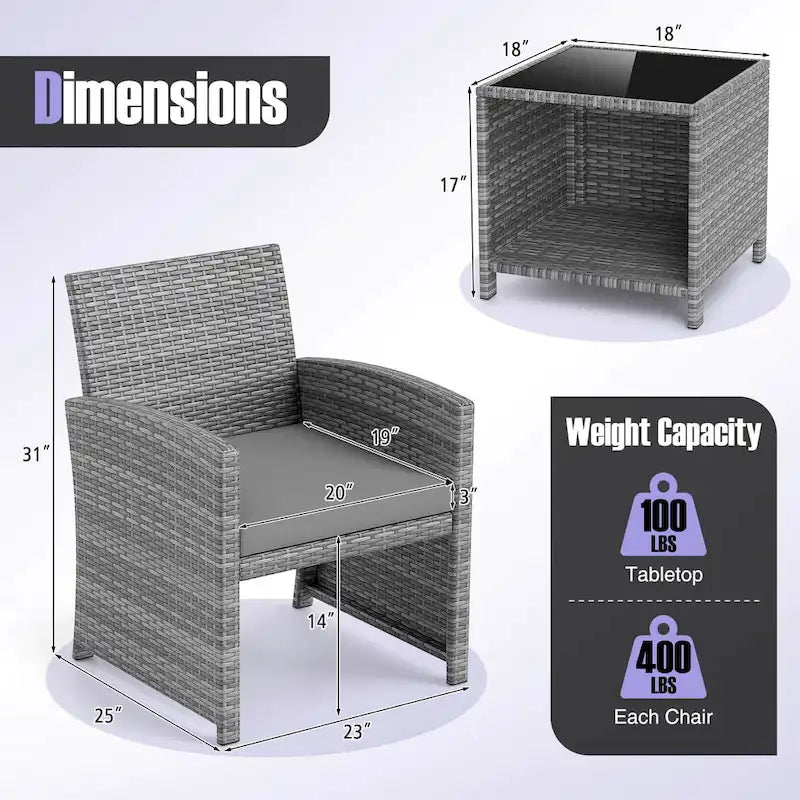 Ensemble de mobilier de patio Costway 3 pièces avec table basse en verre trempé et - Voir détails