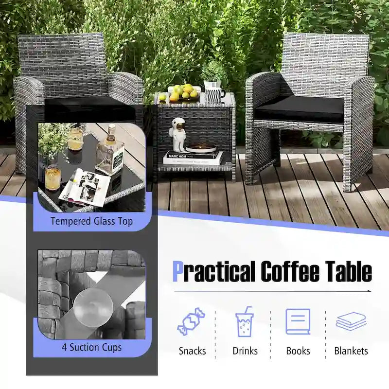 Ensemble de mobilier de patio Costway 3 pièces avec table basse en verre trempé et - Voir détails