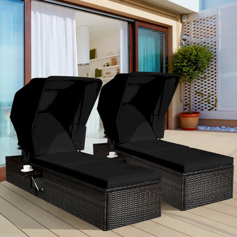 Gymax Set of 2 Rattan Patio Chaise Lounge Chair W/ Adjustable Canopy