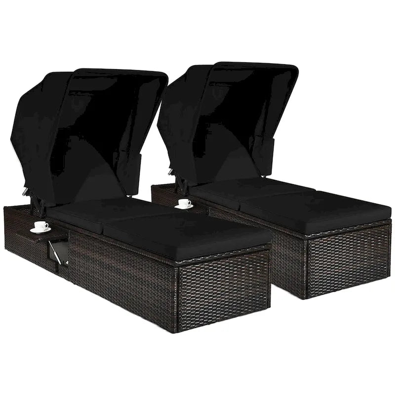 Gymax Lot de 2 chaises longues de patio en rotin avec auvent réglable