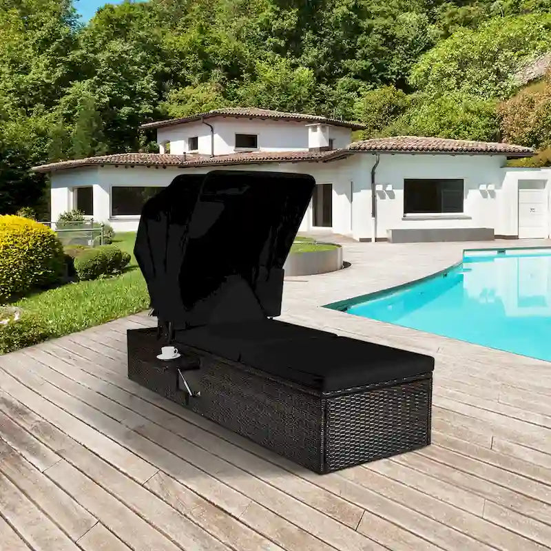 Gymax Lot de 2 chaises longues de patio en rotin avec auvent réglable