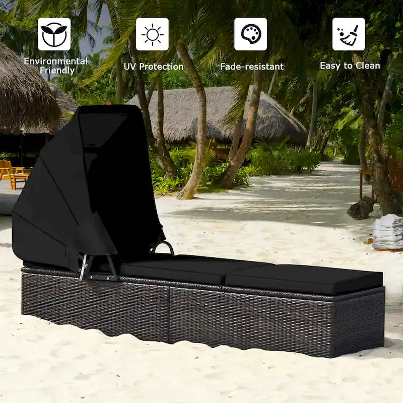 Gymax Lot de 2 chaises longues de patio en rotin avec auvent réglable
