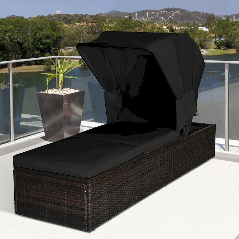 Gymax Lot de 2 chaises longues de patio en rotin avec auvent réglable