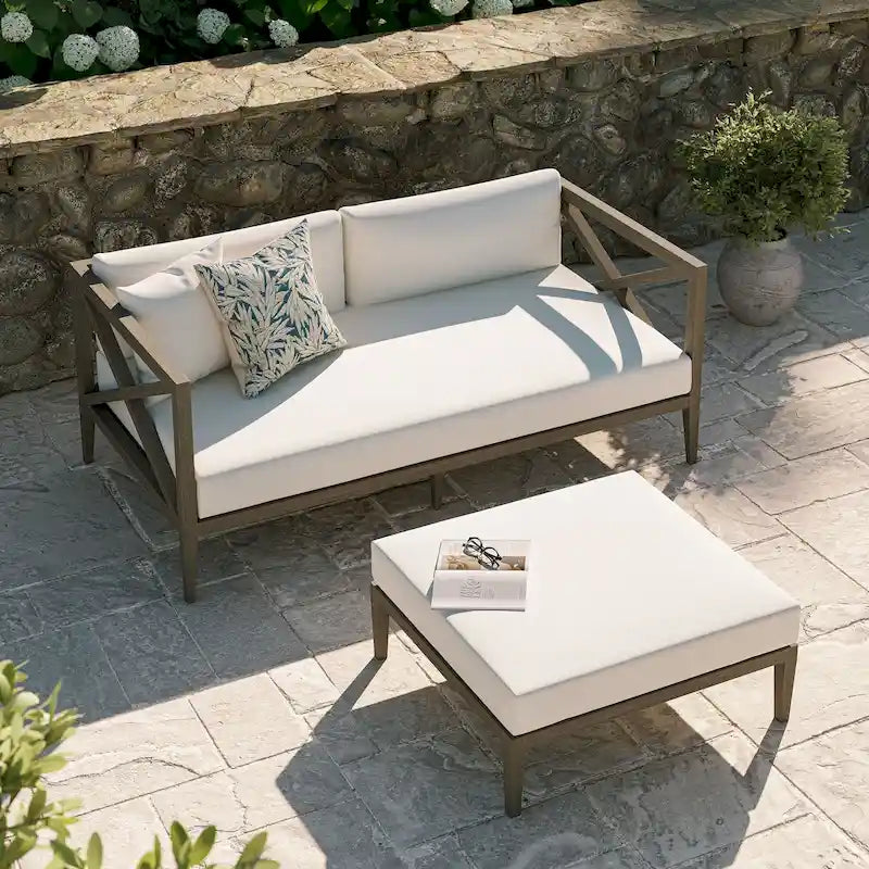Ensemble fauteuil deux places et pouf en teck Northlake pour patio extérieur
