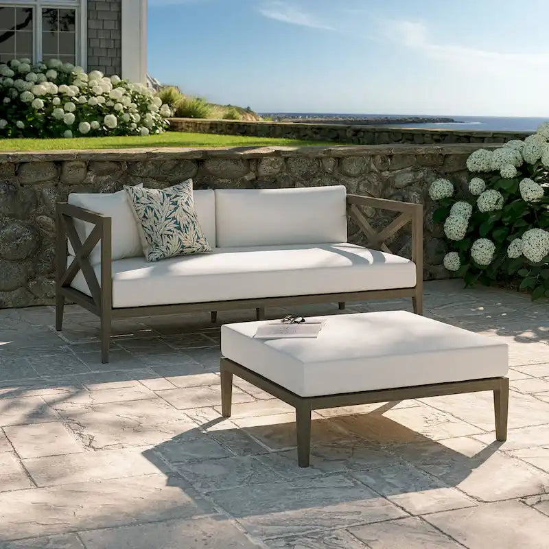 Ensemble fauteuil deux places et pouf en teck Northlake pour patio extérieur