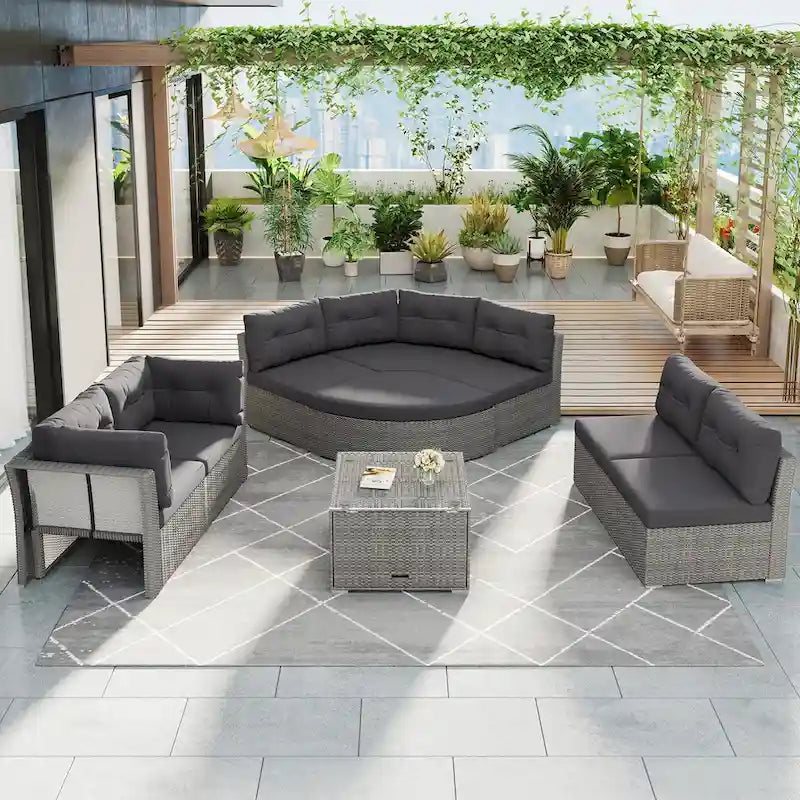 Ensemble de mobilier de patio Mobilier d'extérieur Lit de jour rotin Ensemble de mobilier sectionnel Groupe de sièges de patio avec coussins et table centrale