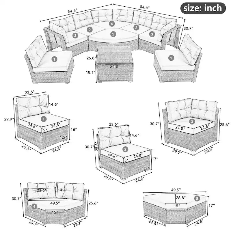 Ensemble de mobilier de patio Mobilier d'extérieur Lit de jour rotin Ensemble de mobilier sectionnel Groupe de sièges de patio avec coussins et table centrale