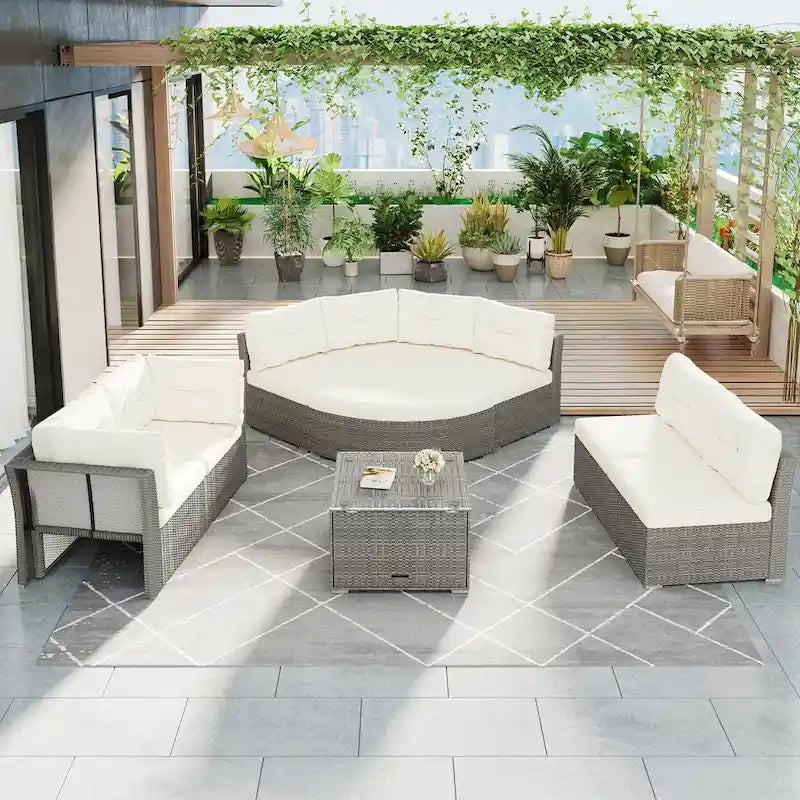 Ensemble de mobilier de patio Mobilier d'extérieur Lit de jour rotin Ensemble de mobilier sectionnel Groupe de sièges de patio avec coussins et table centrale