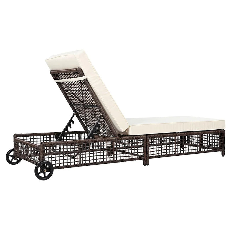 Chaise longue de jardin en rotin à 5 positions avec roulettes et coussin