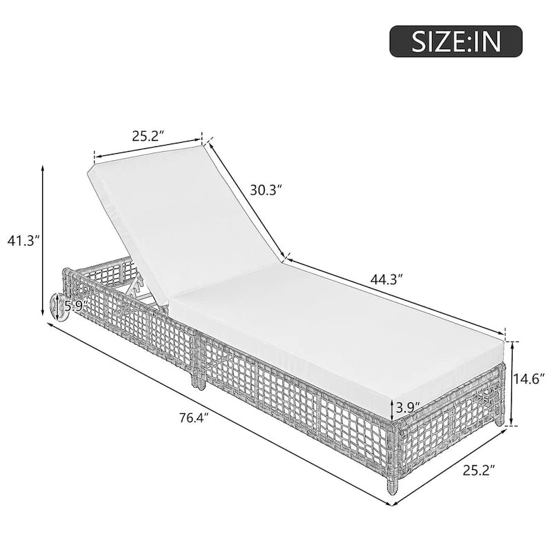 Chaise longue de jardin en rotin à 5 positions avec roulettes et coussin
