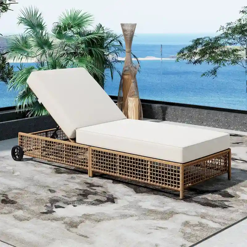 Chaise longue de jardin en rotin à 5 positions avec roulettes et coussin