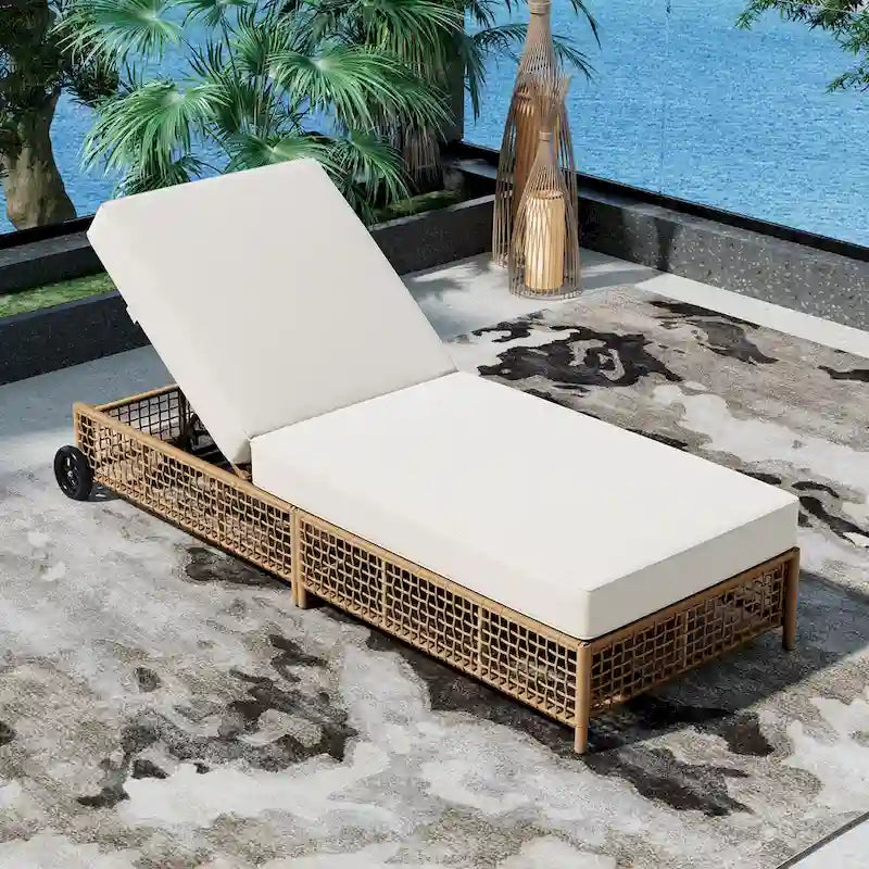 Chaise longue de jardin en rotin à 5 positions avec roulettes et coussin