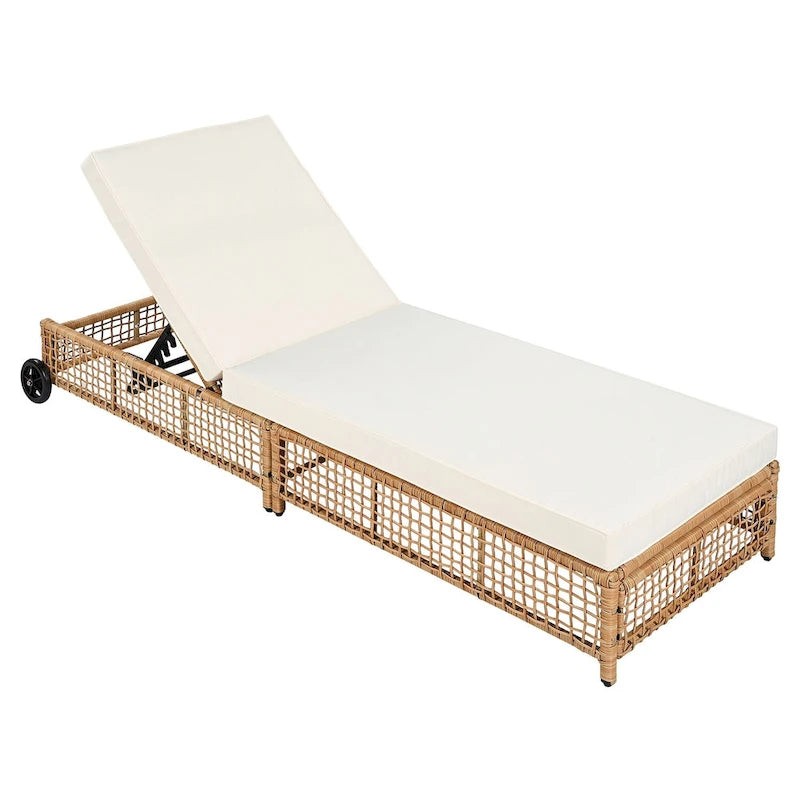 Chaise longue de jardin en rotin à 5 positions avec roulettes et coussin