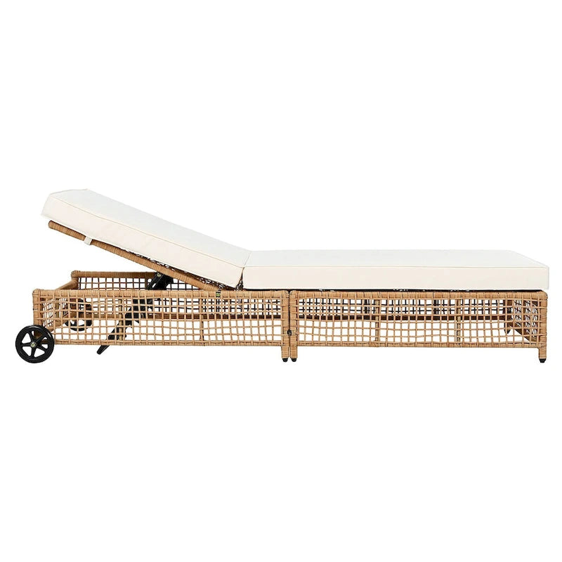 Chaise longue de jardin en rotin à 5 positions avec roulettes et coussin