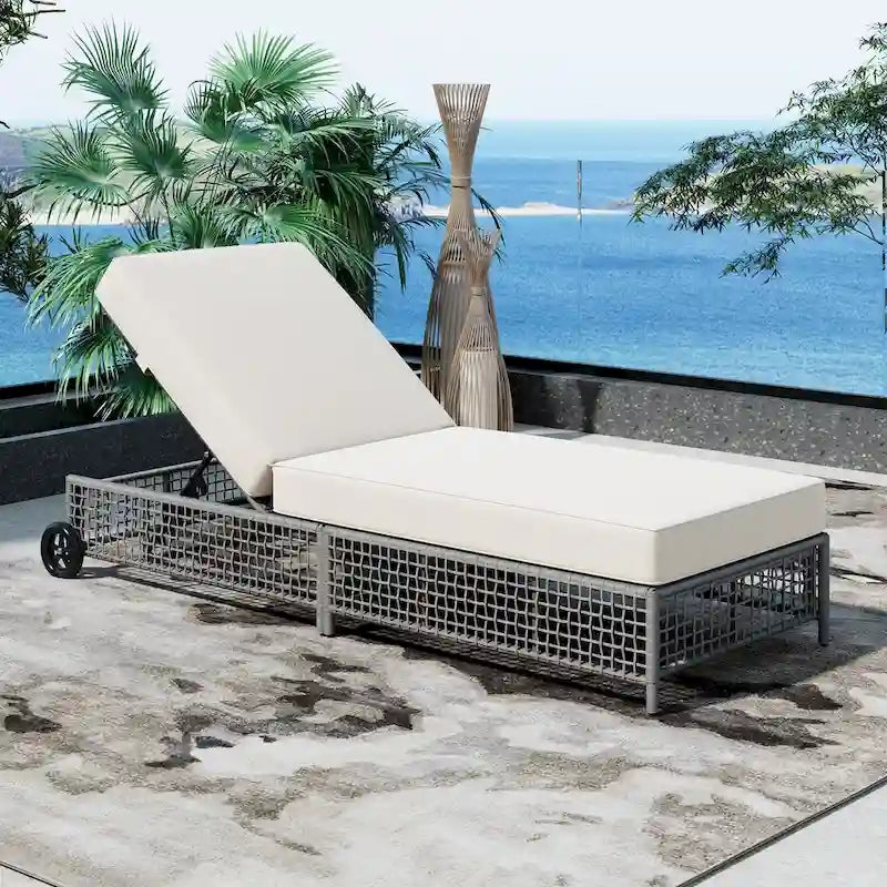 Chaise longue de jardin en rotin à 5 positions avec roulettes et coussin