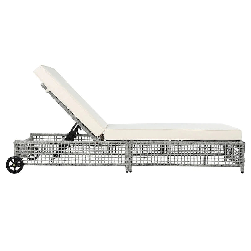 Chaise longue de jardin en rotin à 5 positions avec roulettes et coussin