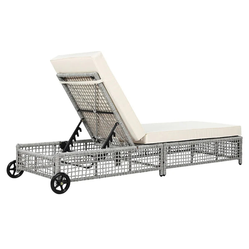 Chaise longue de jardin en rotin à 5 positions avec roulettes et coussin