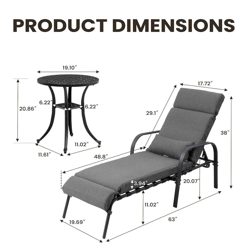 Chaise longue de patio extérieure réglable avec table d'appoint et coussin
