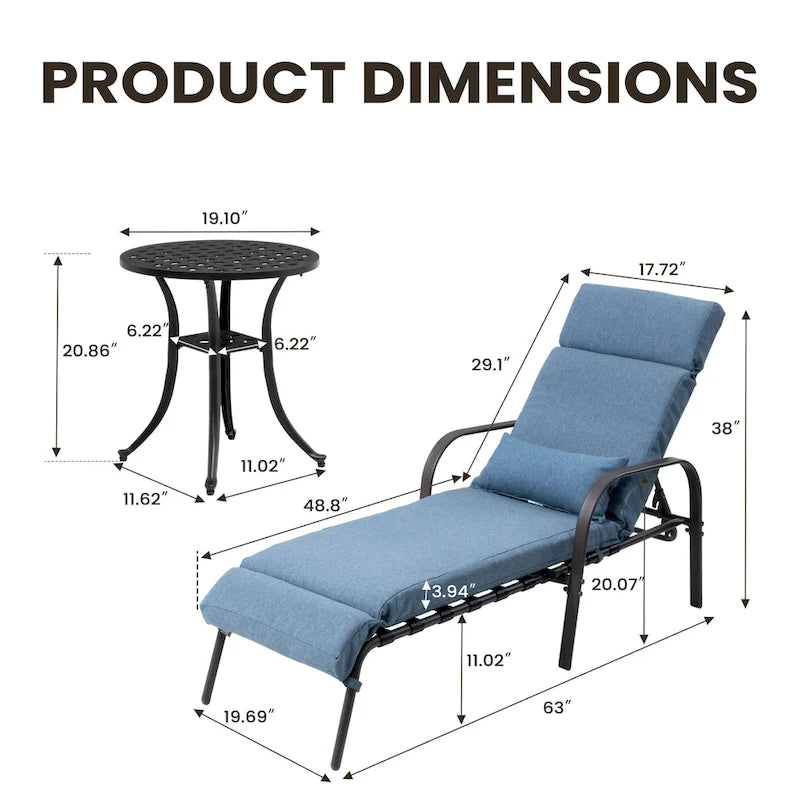 Chaise longue de patio extérieure réglable avec table d'appoint et coussin