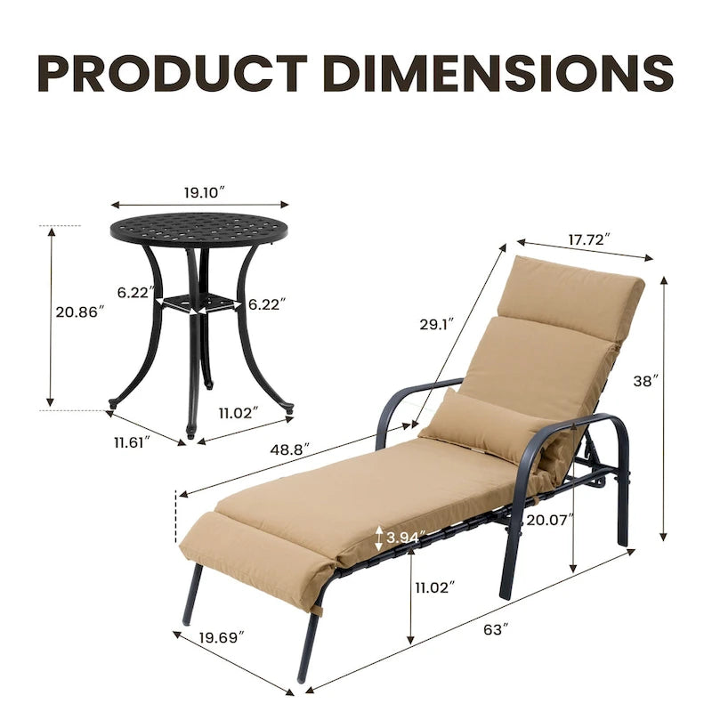 Chaise longue de patio extérieure réglable avec table d'appoint et coussin