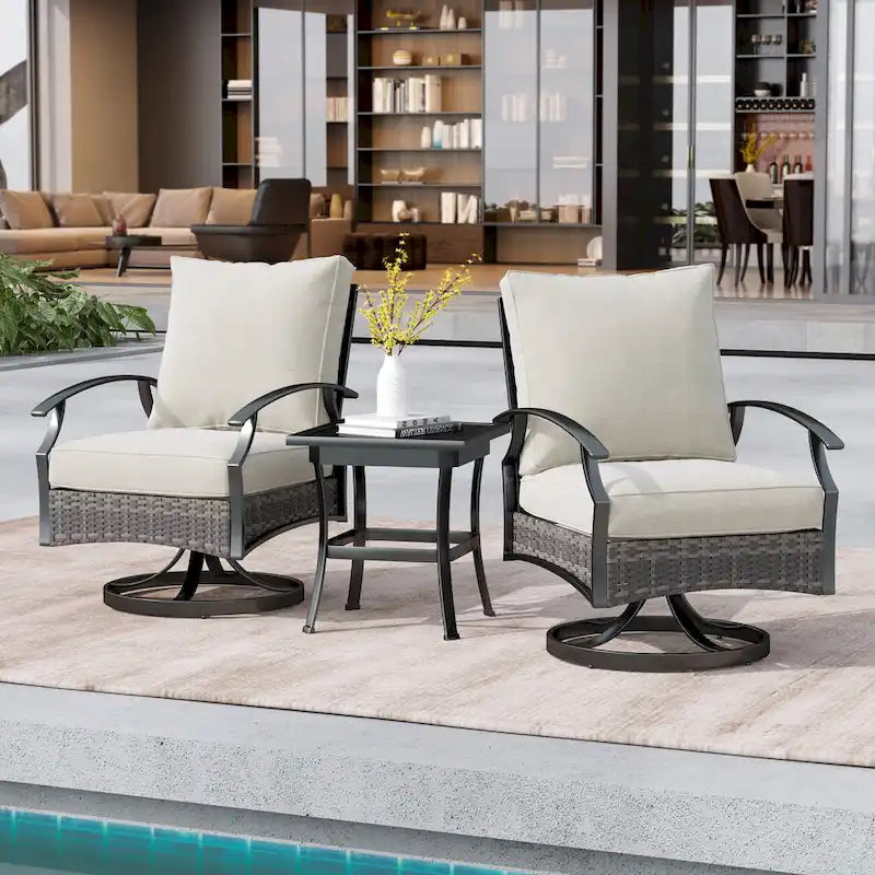 Uixe Ensemble 3 pièces de chaises berçantes pivotantes d'extérieur et table en osier
