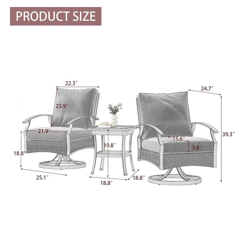Uixe Ensemble 3 pièces de chaises berçantes pivotantes d'extérieur et table en osier