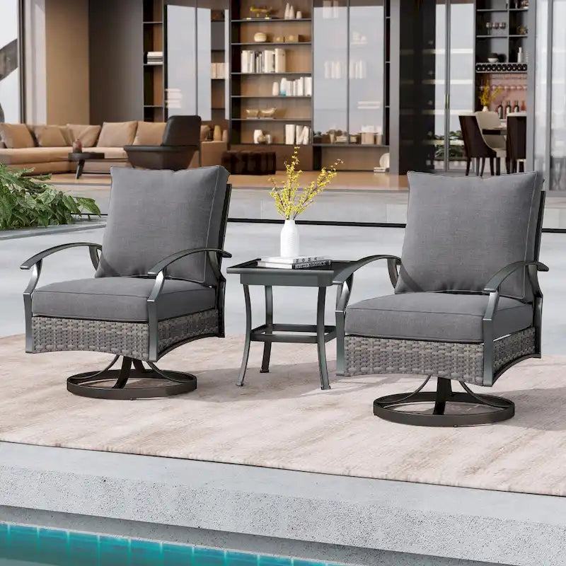 Uixe Ensemble 3 pièces de chaises berçantes pivotantes d'extérieur et table en osier