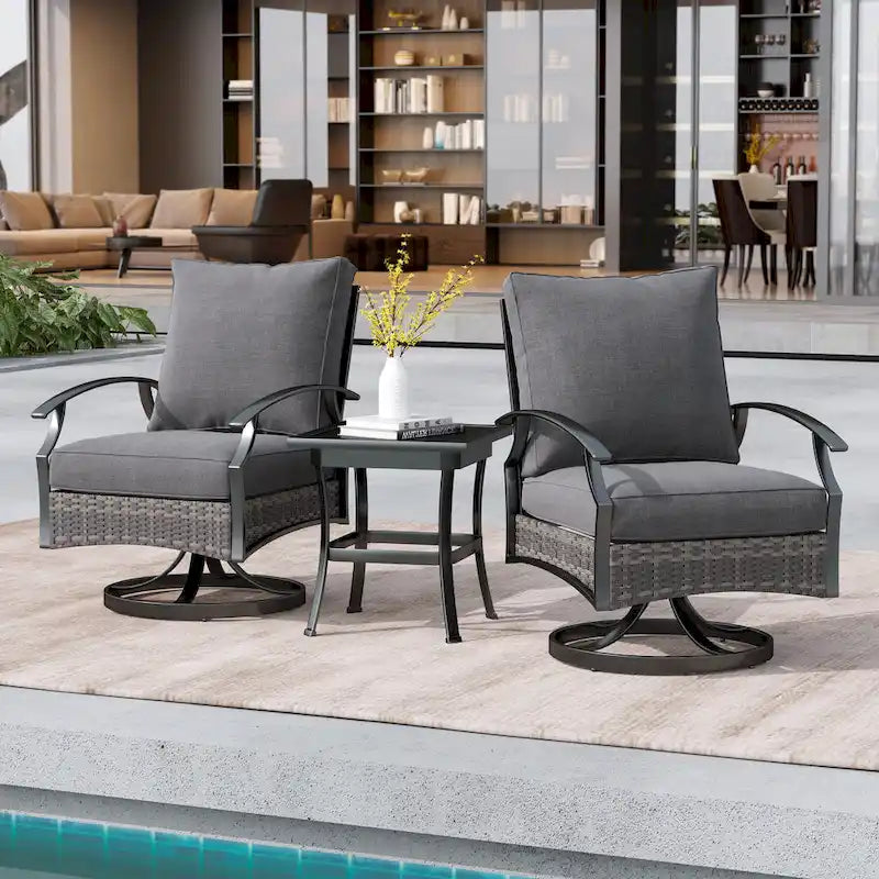 Uixe Ensemble 3 pièces de chaises berçantes pivotantes d'extérieur et table en osier