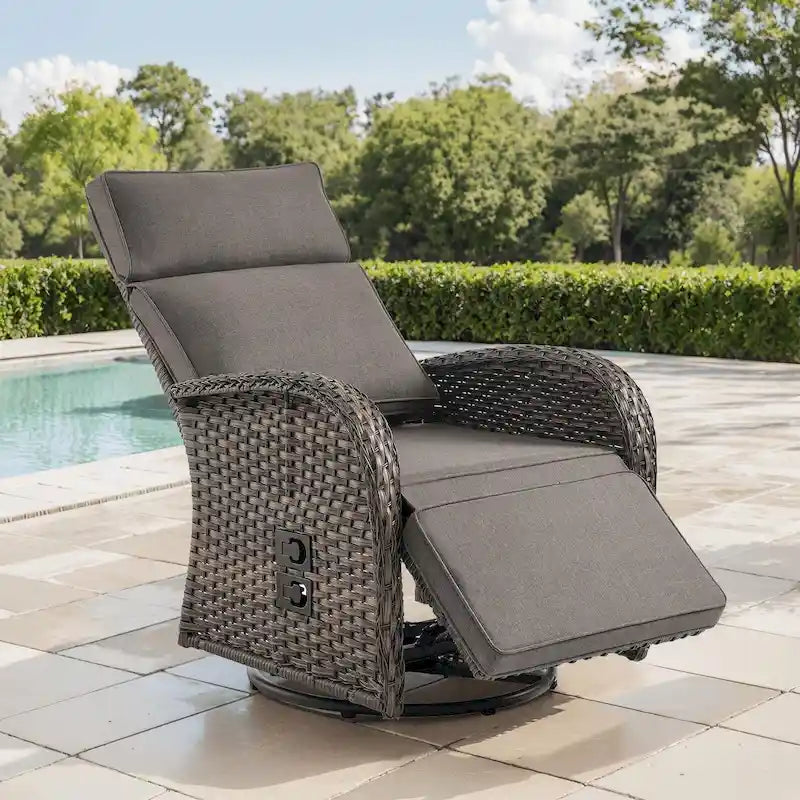 Chaise longue de jardin Pocassy en osier marron, résistante aux intempéries, avec coussin gris
