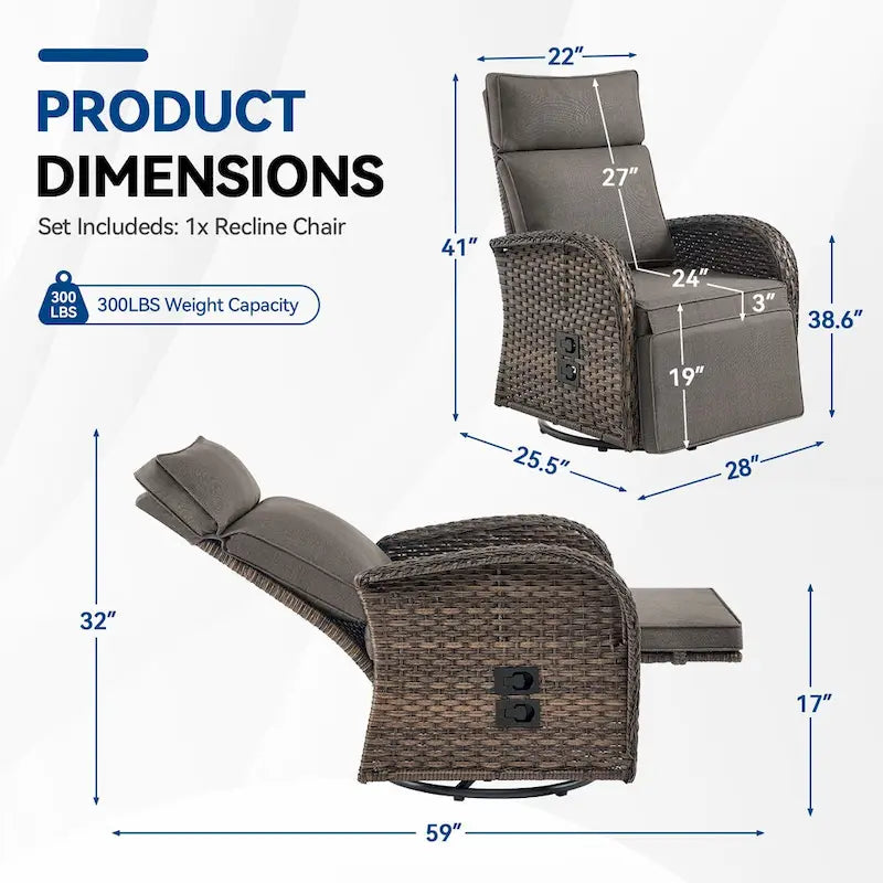 Chaise longue de jardin Pocassy en osier marron, résistante aux intempéries, avec coussin gris
