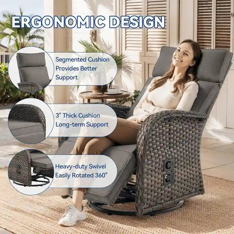 Chaise longue de jardin Pocassy en osier marron, résistante aux intempéries, avec coussin gris