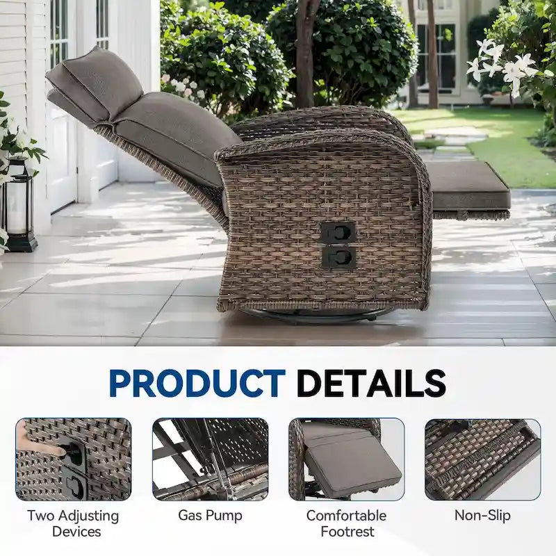Chaise longue de jardin Pocassy en osier marron, résistante aux intempéries, avec coussin gris
